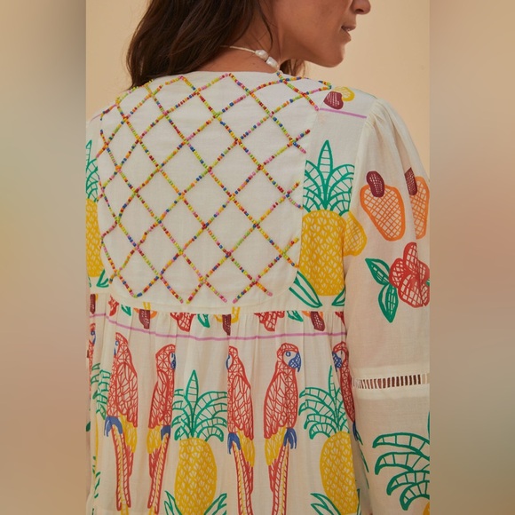 Farm Rio Off-White Tropicolors Yoke Embroidered Midi Dress - Picture 5 of 10